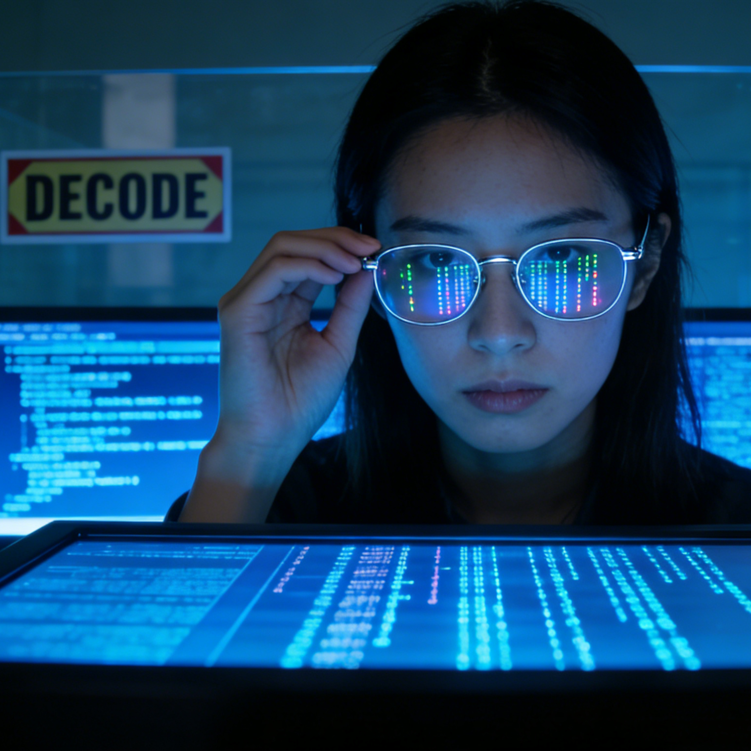 A female hacker portrait with reflected code lights in her glasses and monitors in the background