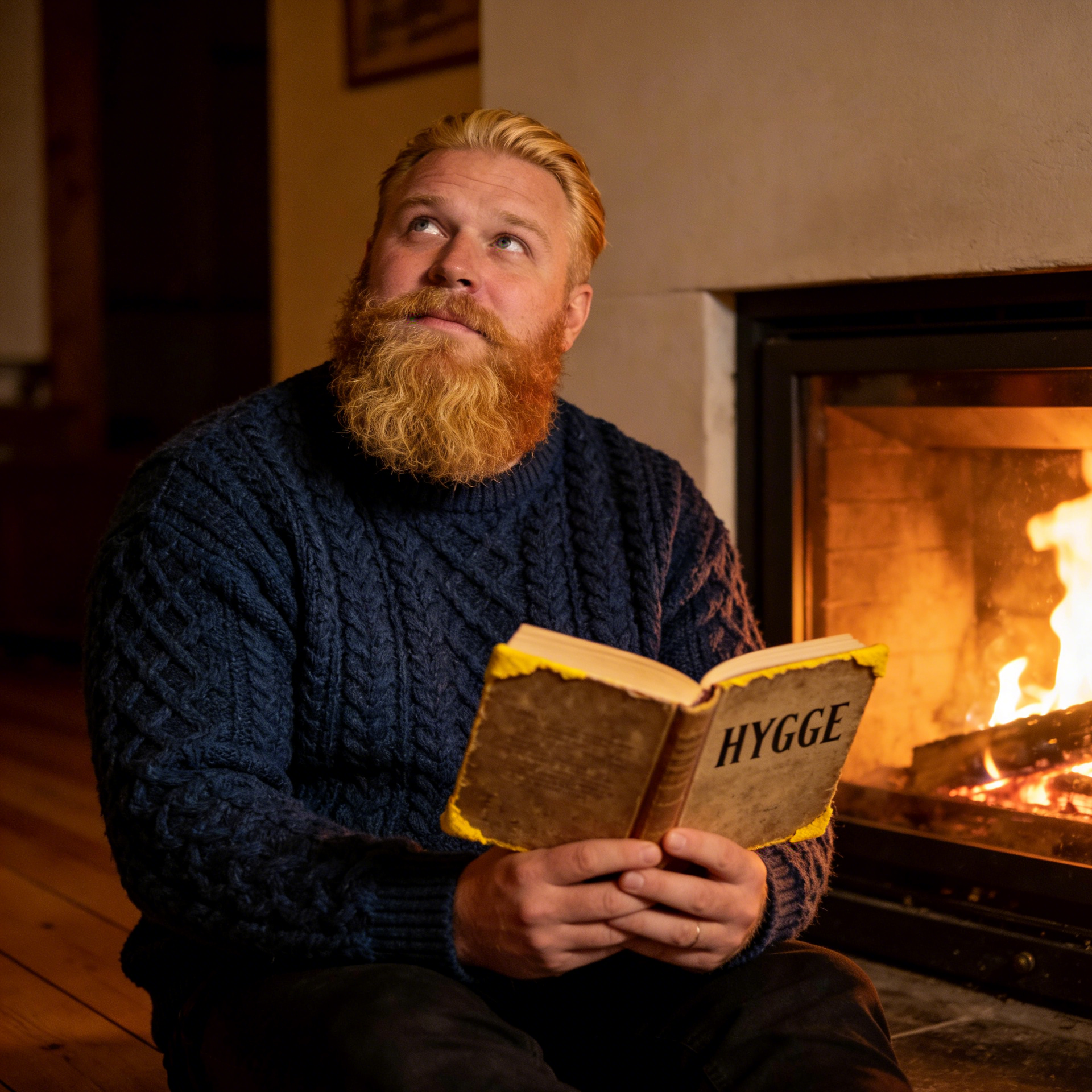 A bearded man in a sweater reading a Hygge book beside a fireplace