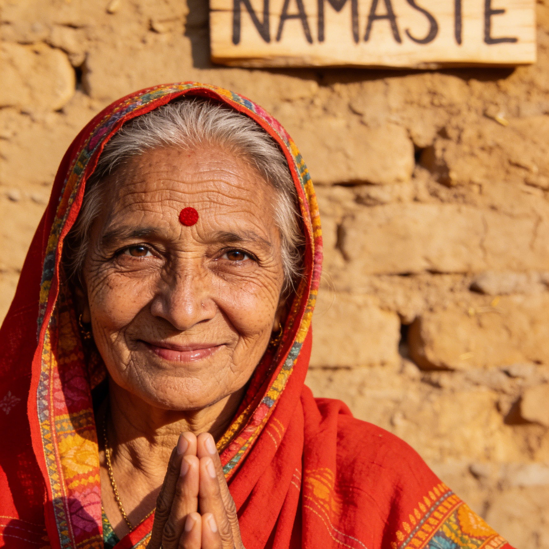An elderly Indian woman in a red shawl smiling with folded hands beneath a Namaste sign