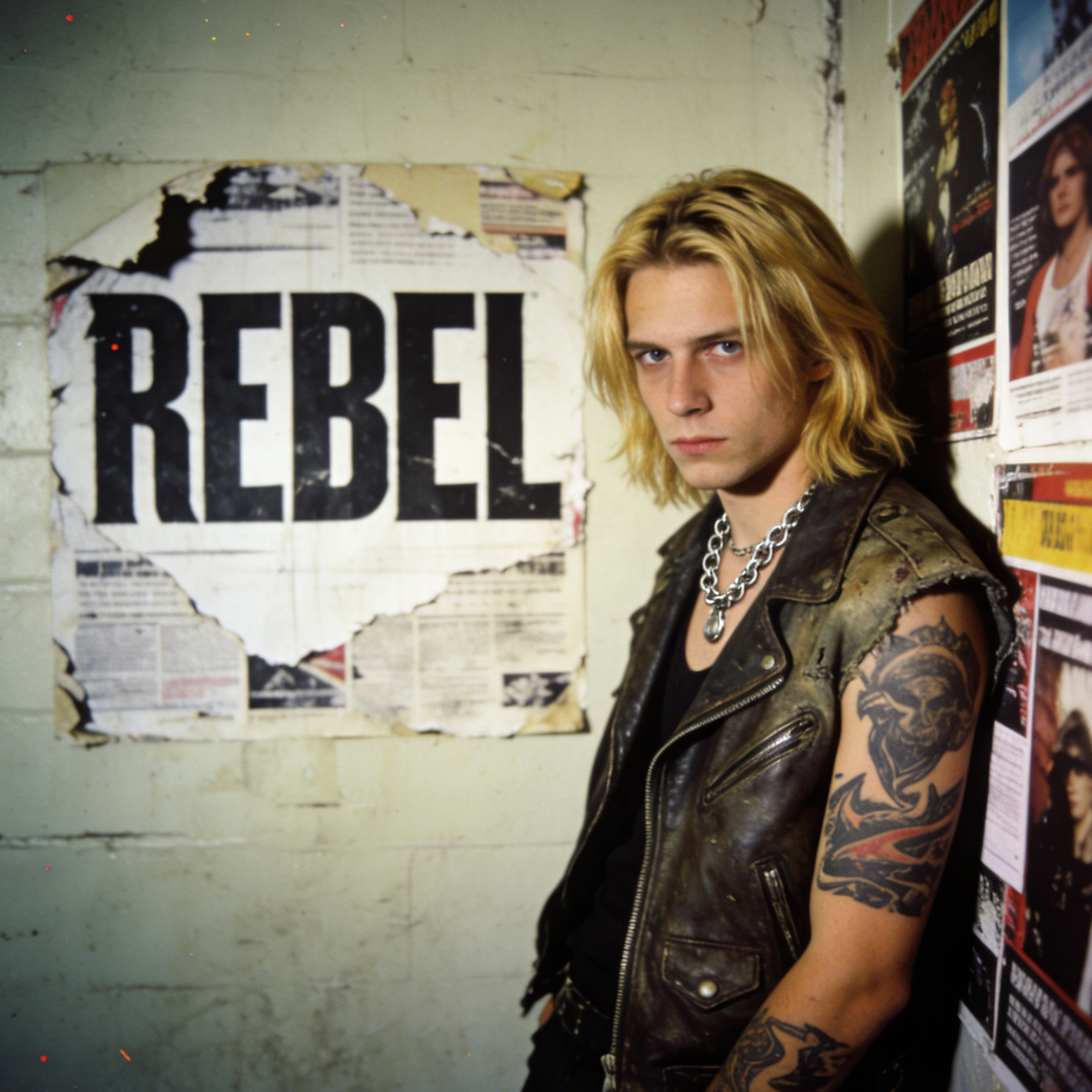 A blond youth in a leather vest standing against a wall with a large Rebel poster