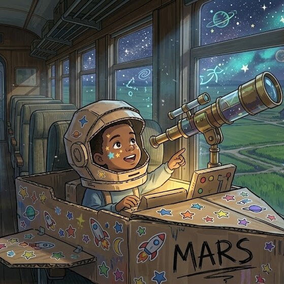 A child in a handmade astronaut helmet sitting in a cardboard Mars cockpit beside a telescope