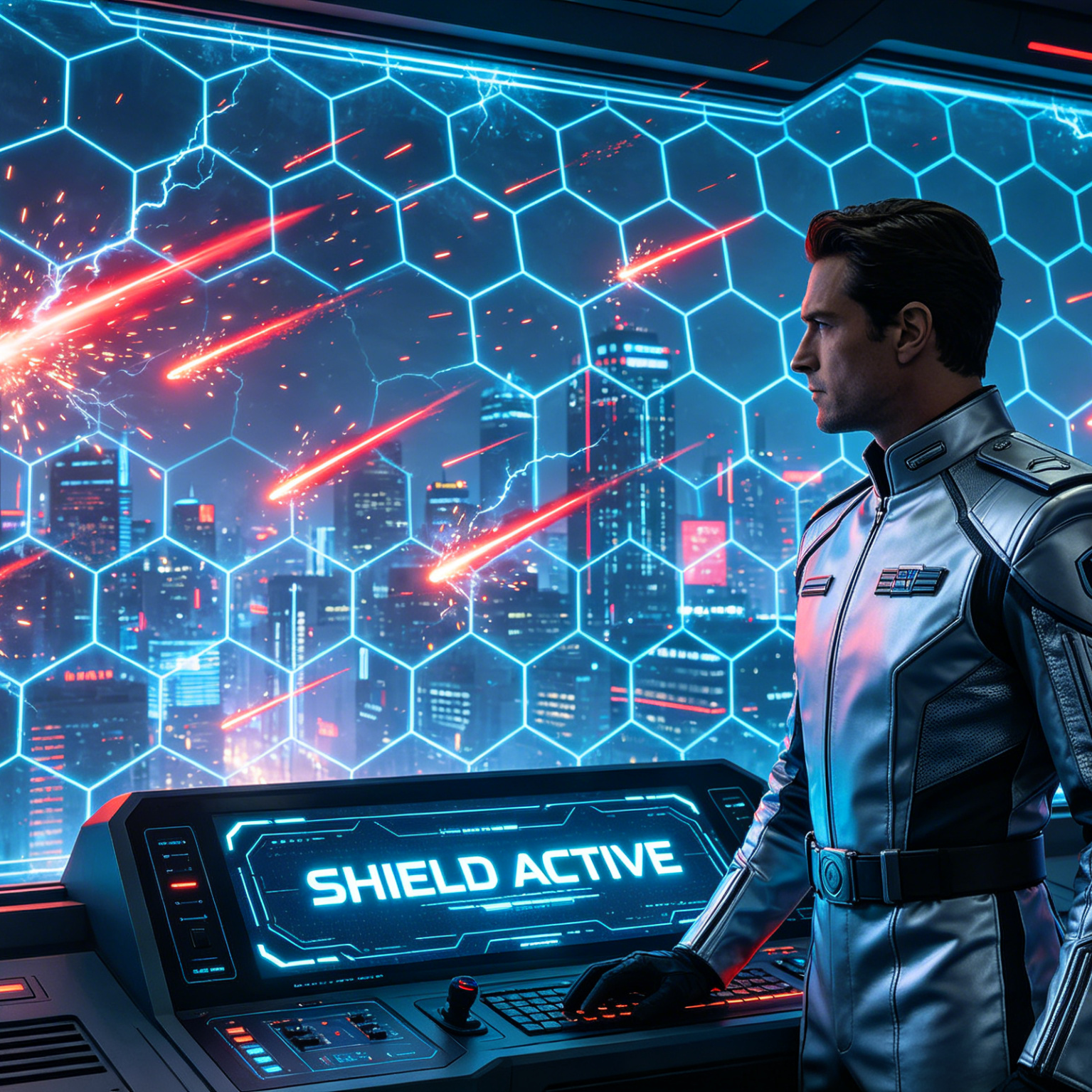 AI Shield Generator style sample: hexagonal glowing energy shield protecting a