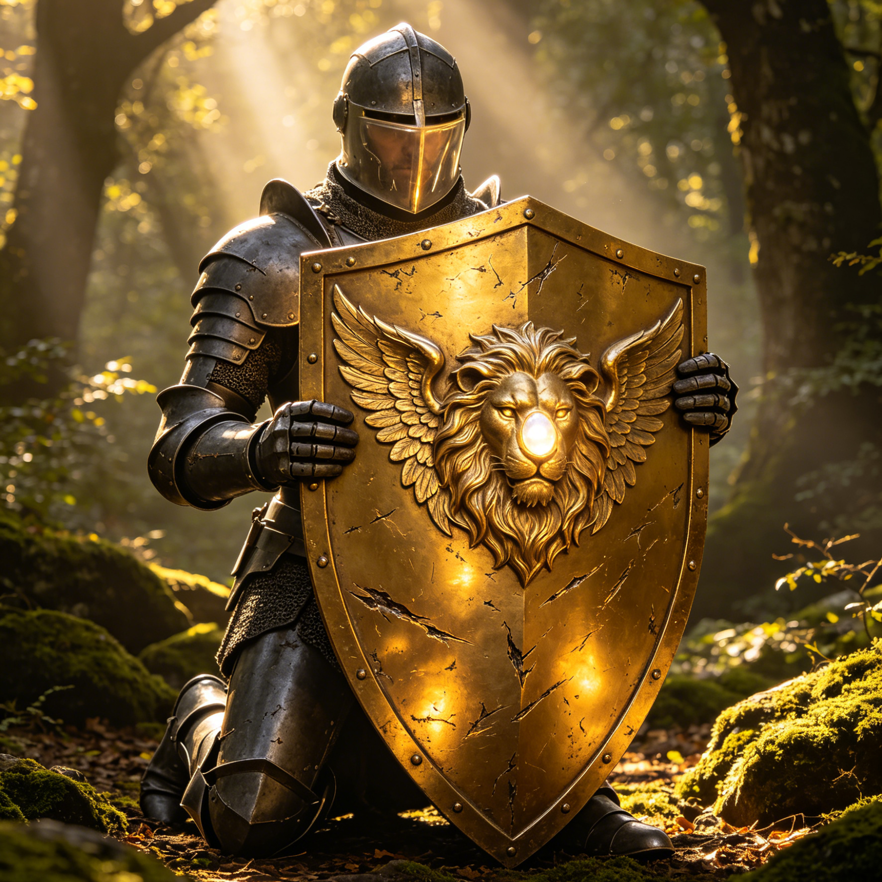 AI Shield Generator style sample: intricate golden shield held by a