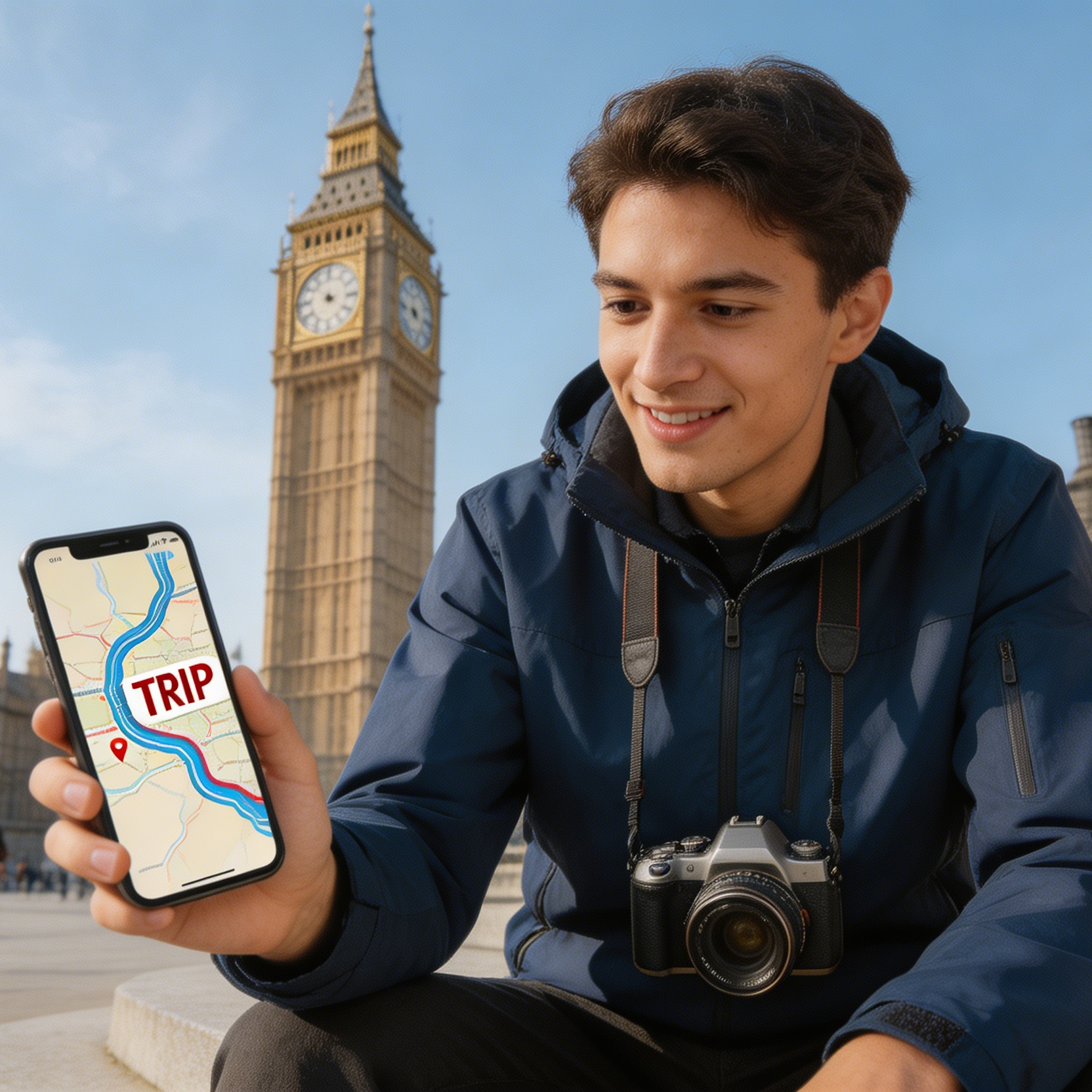 A traveler holding a route map design in front of a city landmark