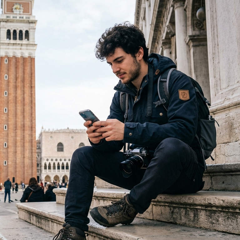 A traveler using a phone with a trip route visual in front of a historic plaza