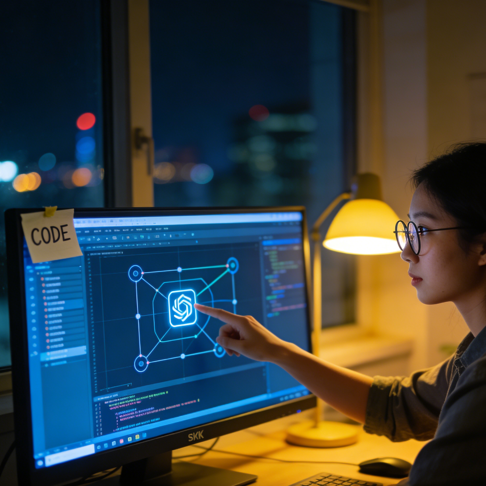 A developer reviewing vector paths on a high-tech monitor