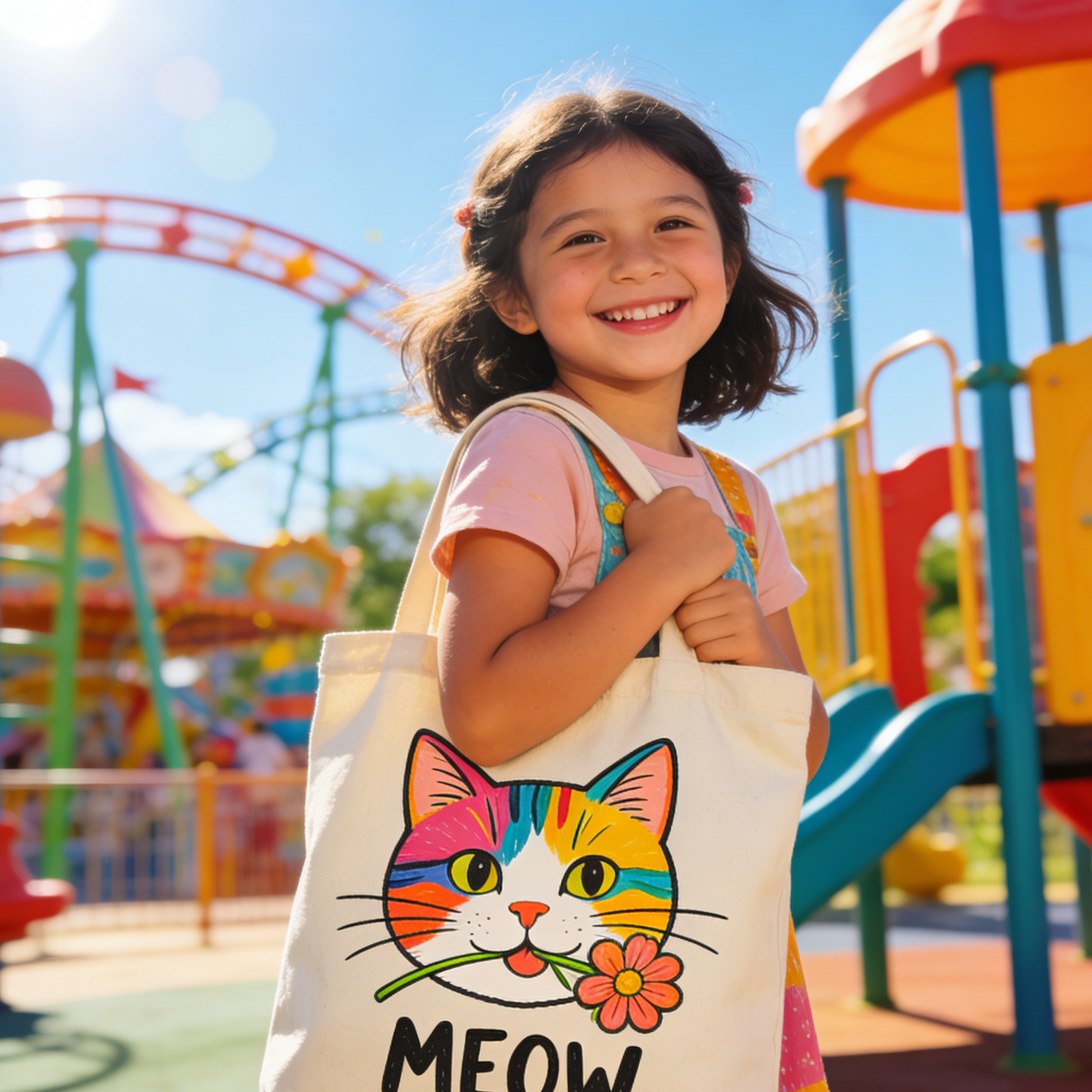 A canvas bag with a vector cat mascot held by a happy girl