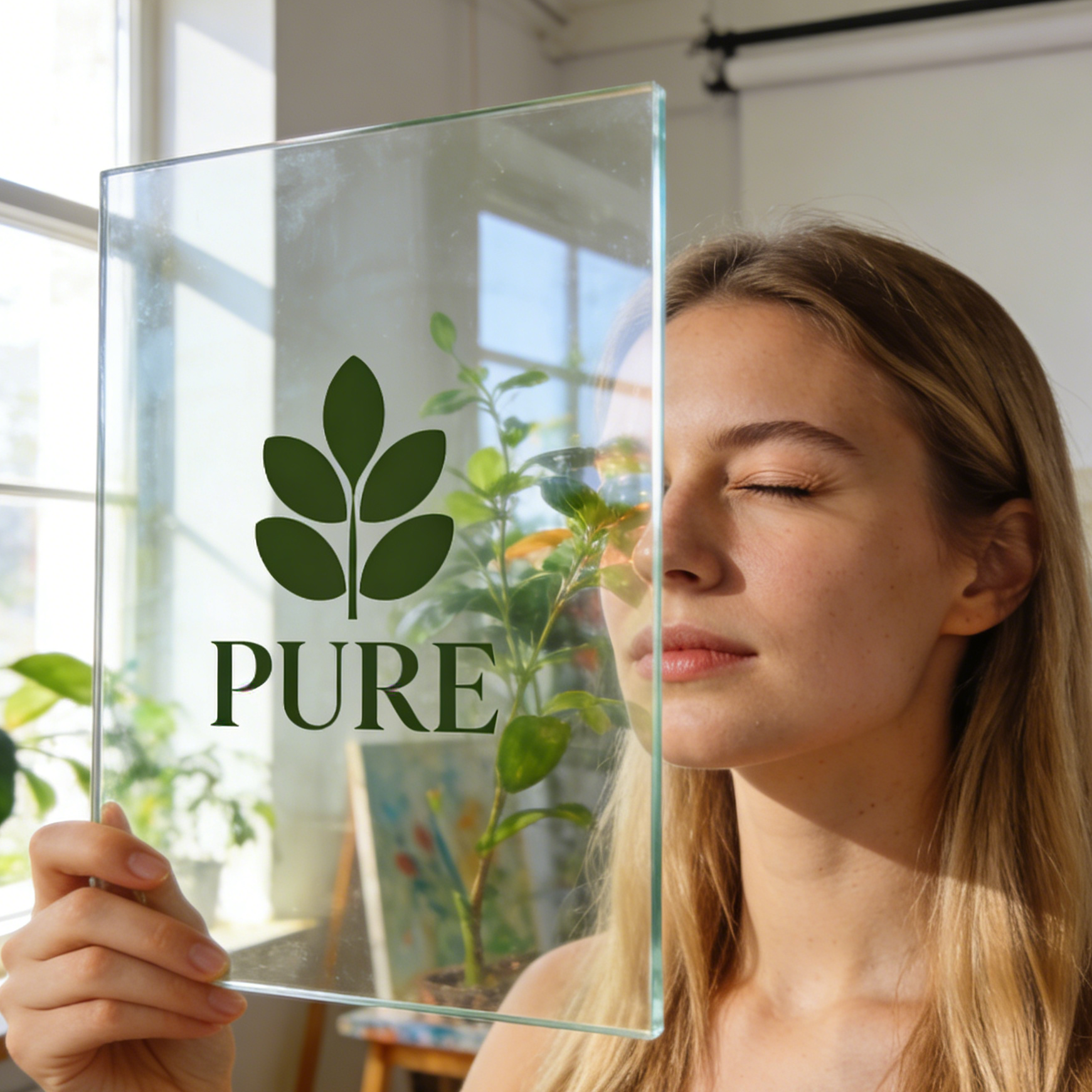 A minimalist leaf vector logo displayed on a transparent glass pane