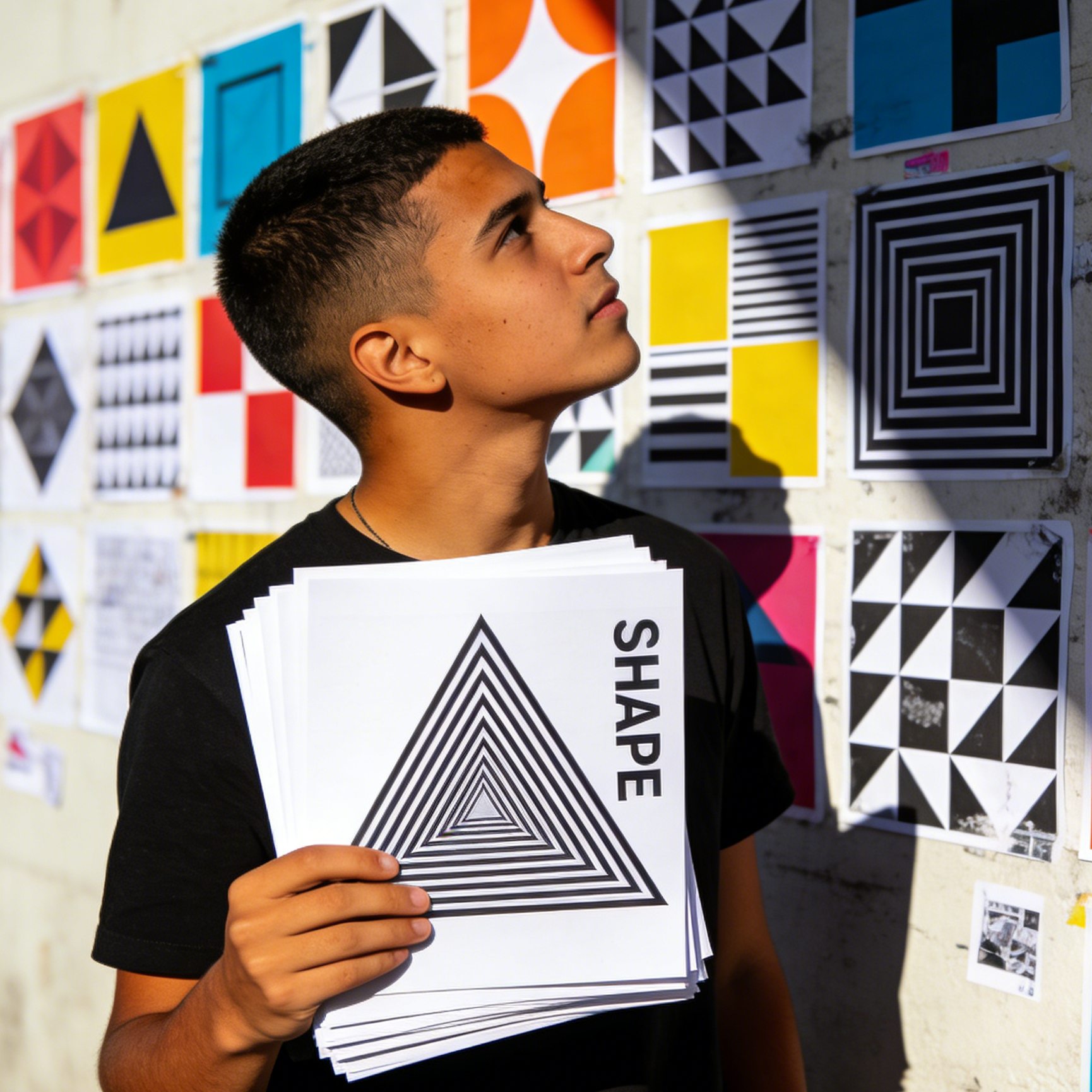 A youth holding a geometric vector print in a modern studio