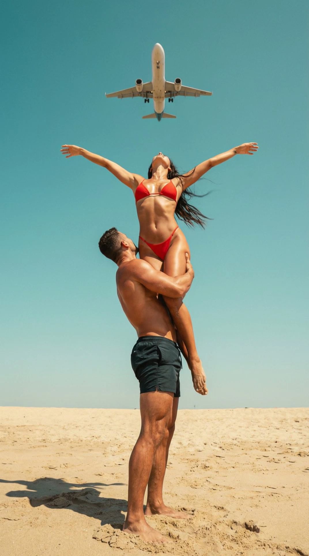 AI video of beach lift with jet overhead in classic cinematic style