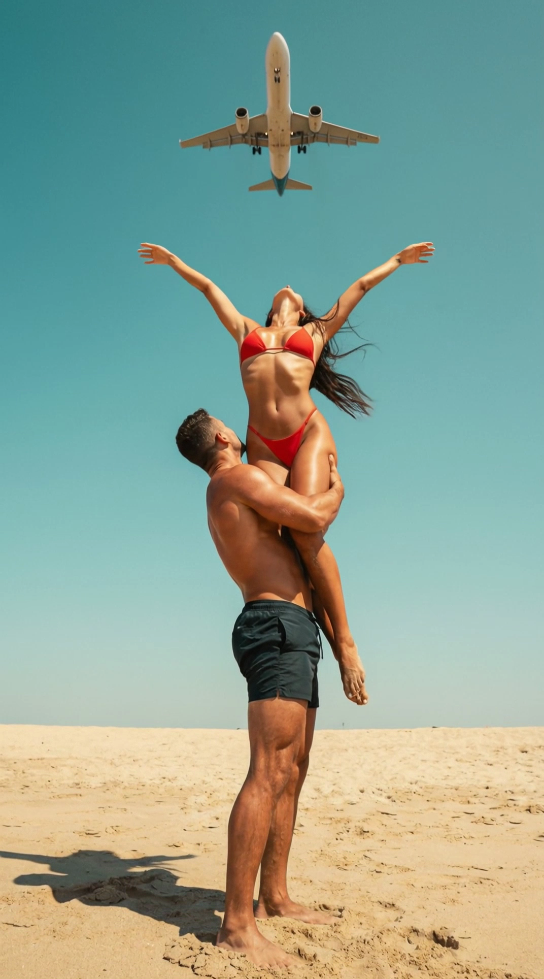 AI video of beach lift with jet overhead with high drama and contrast