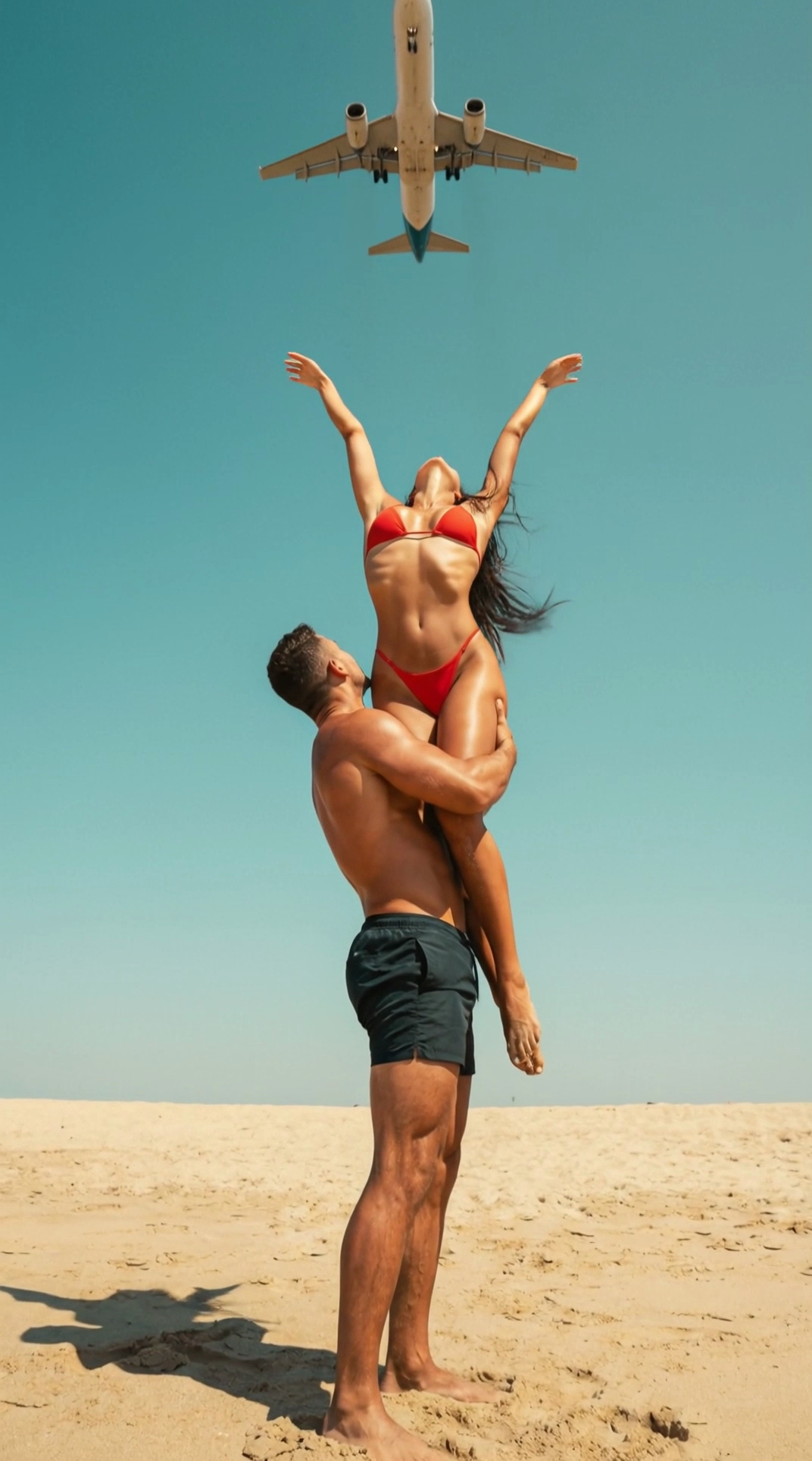 AI video of beach lift with jet overhead with soft and romantic atmosphere