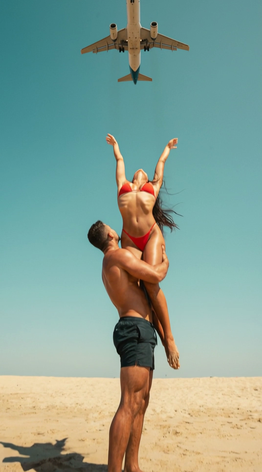 AI video of beach lift with jet overhead with vibrant tropical colors