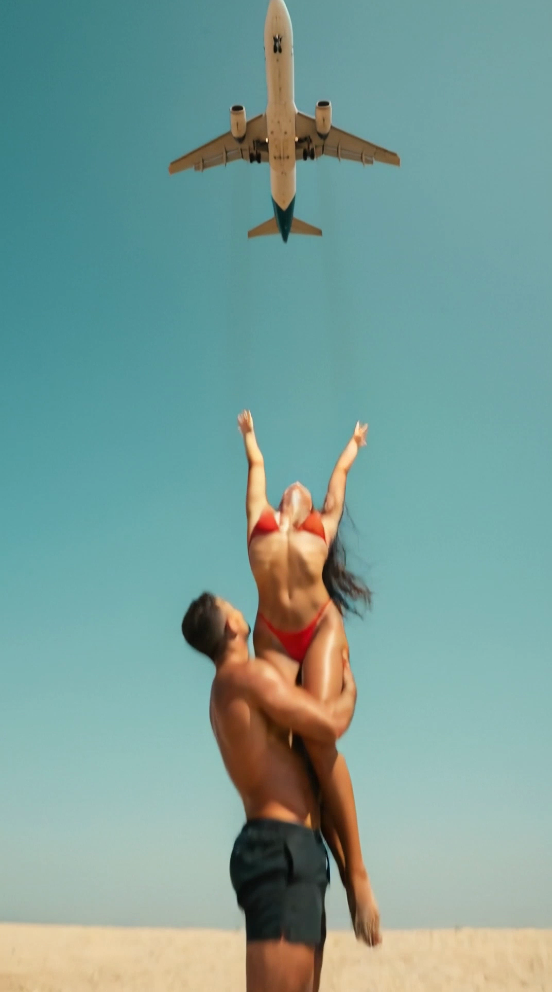 AI video of beach lift with jet overhead with grand scale