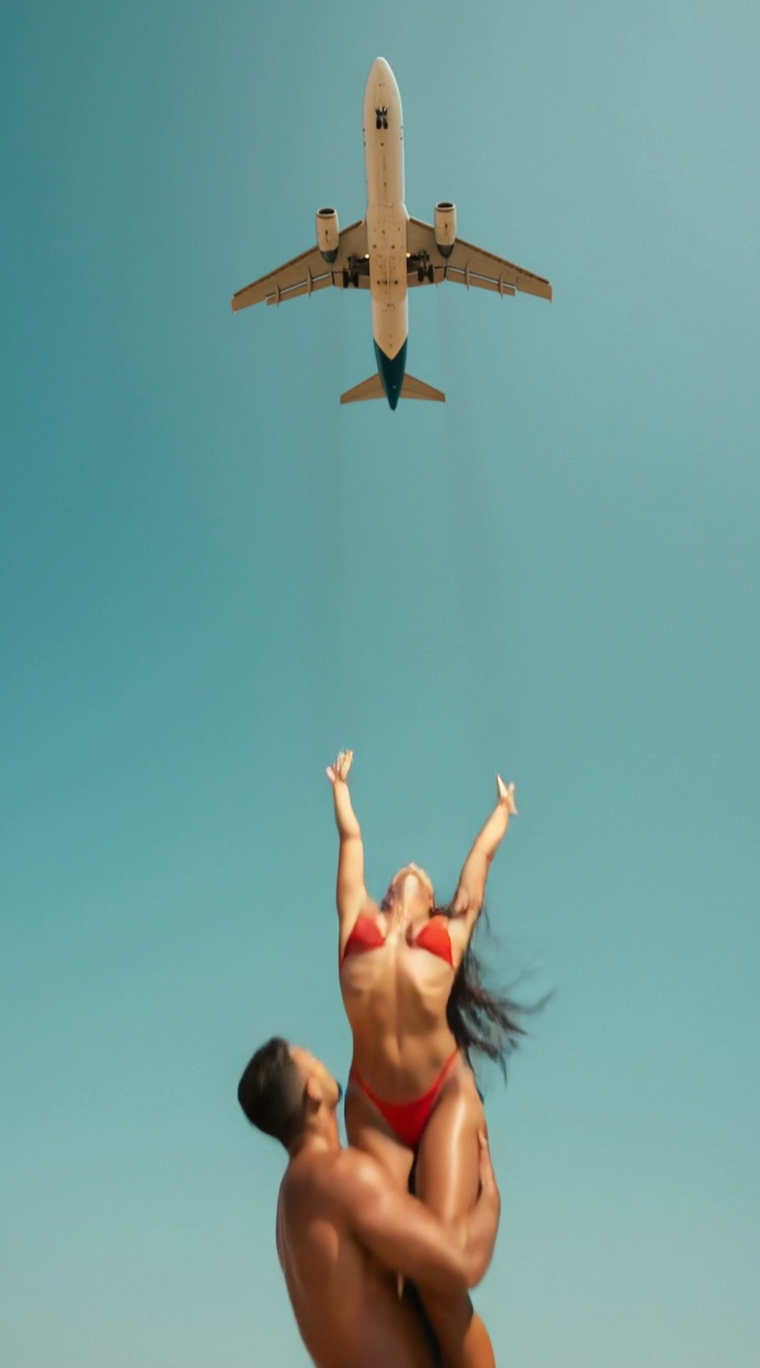 AI video of beach lift with jet overhead with a clean and focused finish