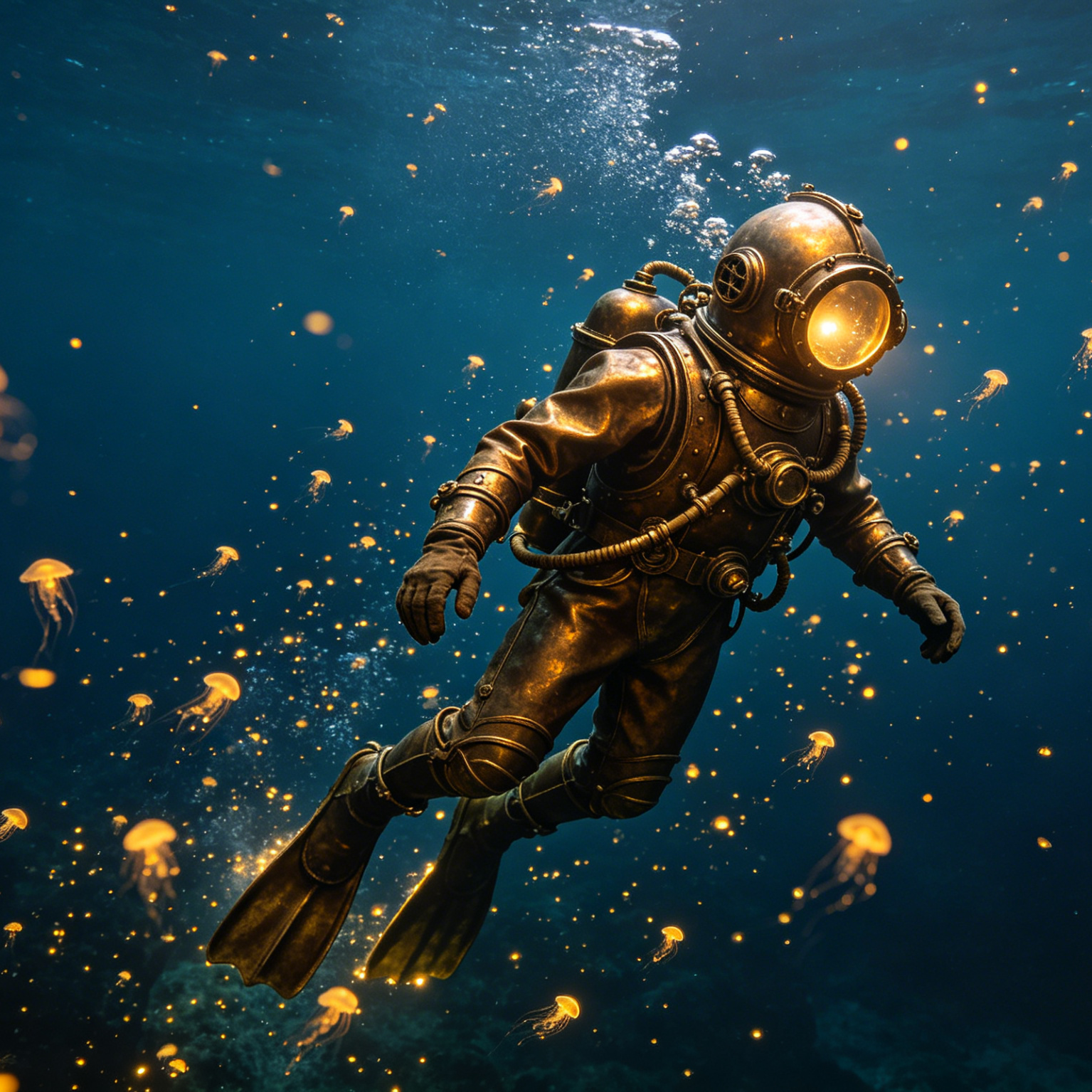 AI Visual Art Generator style sample: a diver surrounded by tiny, glowing