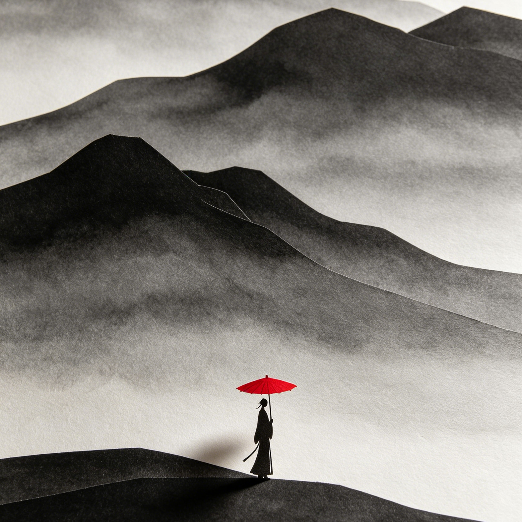 AI Visual Art Generator style sample: layered paper-cut mountains in shades of