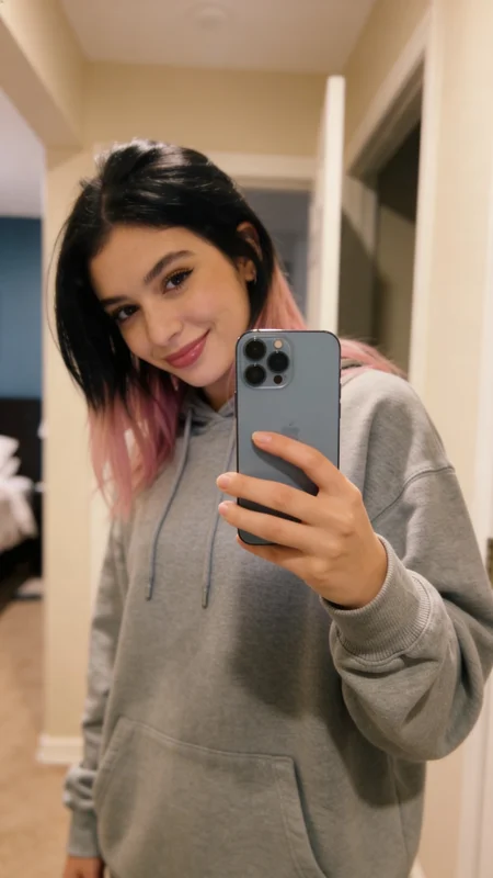 Carrossel de selfies no espelho geradas por IA, mostrando uma mulher em um quarto aconchegante de tons rosados com luz natural da janela, paredes em tom blush e composição estética casual feminina em várias molduras, variação 1