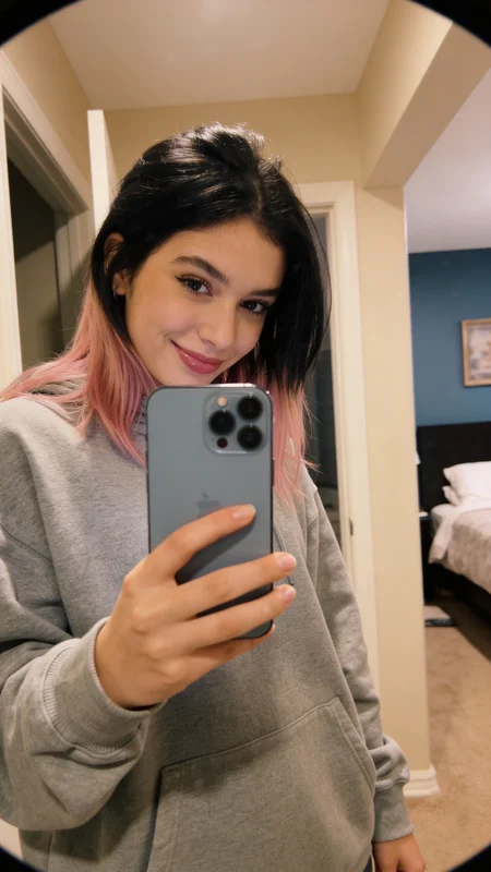 Carrossel de selfies no espelho geradas por IA, mostrando uma mulher em um quarto rosa aconchegante com luz natural da janela, paredes em tom blush e composição estética casual de garota em várias variações de quadros 2