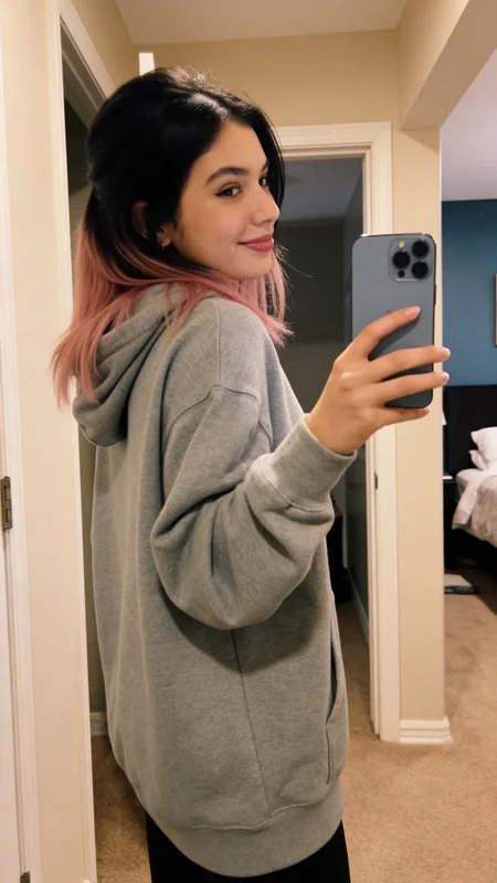 Carrossel de selfies no espelho geradas por IA, mostrando uma mulher em um quarto aconchegante de tons rosados com luz natural da janela, paredes em tom blush e composição estética casual de garota em múltiplas variações de quadros 3