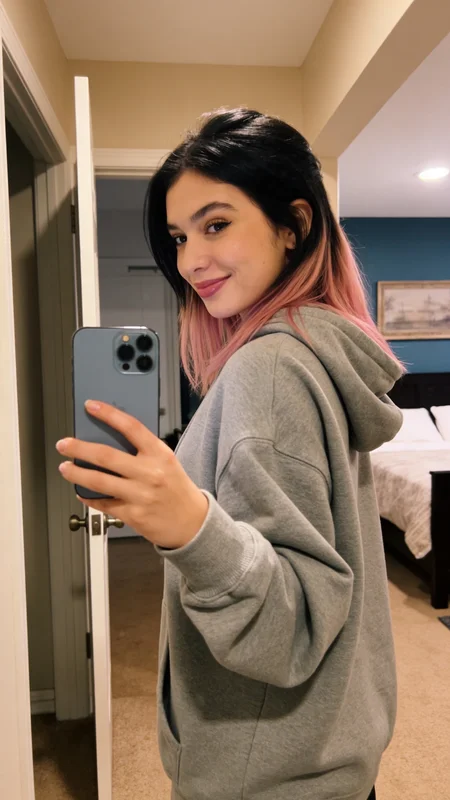 Carrossel de selfies no espelho geradas por IA, mostrando uma mulher em um quarto aconchegante de tom rosa com luz natural da janela, paredes em tom blush e composição estética casual feminina em várias variações de quadros 4