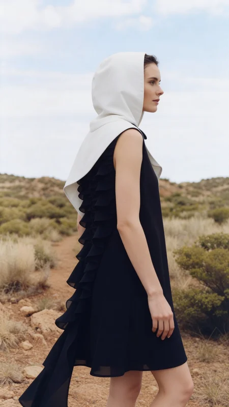 Carrossel editorial de moda em preto e branco gerado por IA, mostrando uma mulher encapuzada em composição desértica assimétrica com qualidade tonal de gelatina de prata de alto contraste em múltiplas variações de quadros 1
