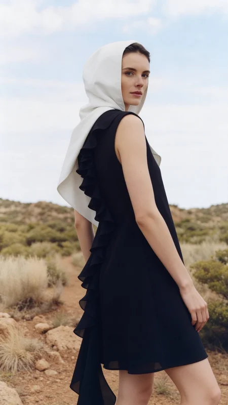 Carrossel editorial de moda em preto e branco gerado por IA, apresentando uma mulher encapuzada em composição desértica assimétrica com qualidade tonal de gelatina de prata de alto contraste em múltiplas variações de quadros, variação 2