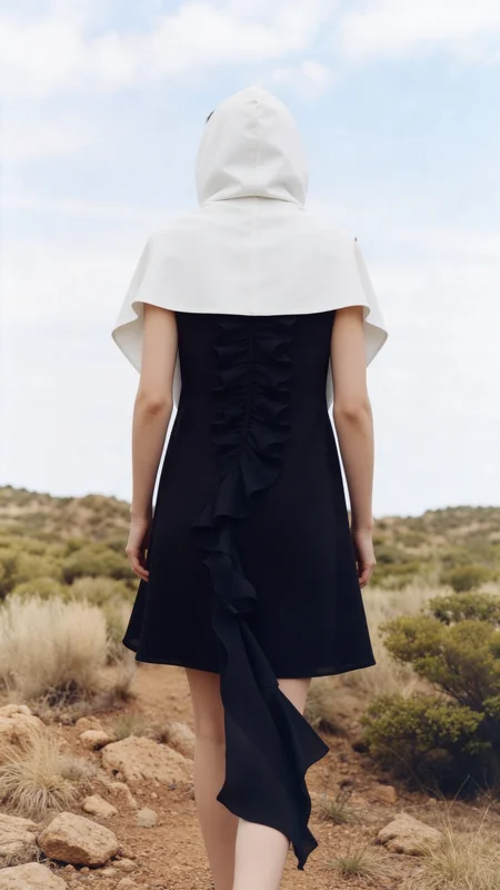 Carrossel editorial de moda em preto e branco gerado por IA, mostrando uma mulher encapuzada em composição desértica assimétrica com qualidade tonal de gelatina de prata de alto contraste em várias variações de quadros 4