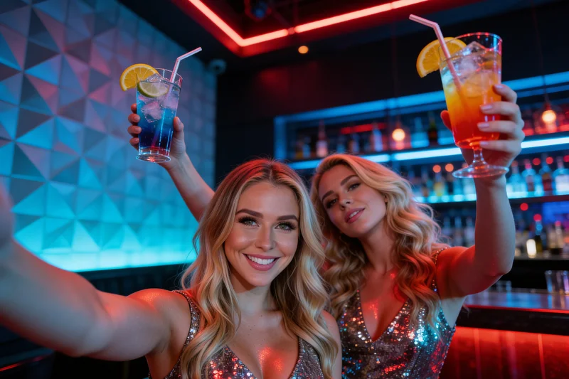 AI-generated group photo collage of women in a neon-lit bar with vivid pink and blue neon light across their faces, cocktail glasses raised, candid nightlife pose and high-energy atmosphere variation 3