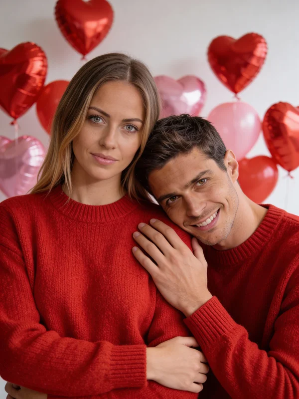 AI couple photo maker output showing a romantic Valentine's Day couple portrait in 3:4 format with warm rose and crimson tones, close intimate framing, and professional photoshoot quality lighting variation 3