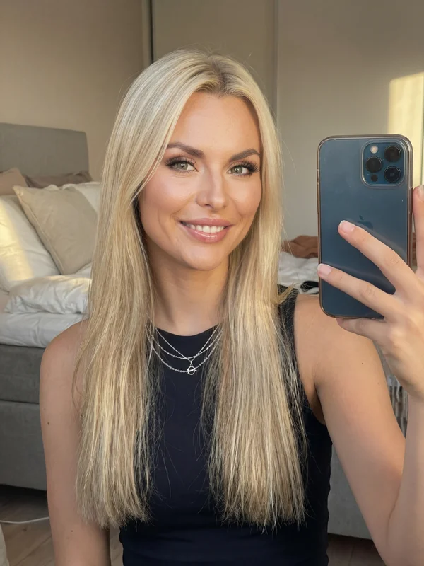 AI face swap selfie portrait showing a woman with blonde hair taking a natural arm-extended selfie with warm ambient lighting and casual relaxed expression variation 2