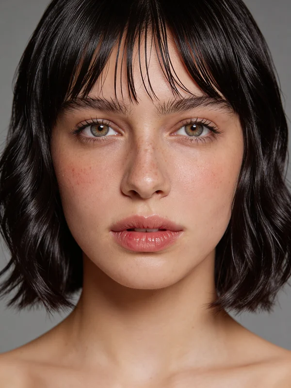 Imagem gerada por IA exibindo uma mulher experimentando diferentes cores e estilos de cabelo, com um acabamento orvalhado e luminoso