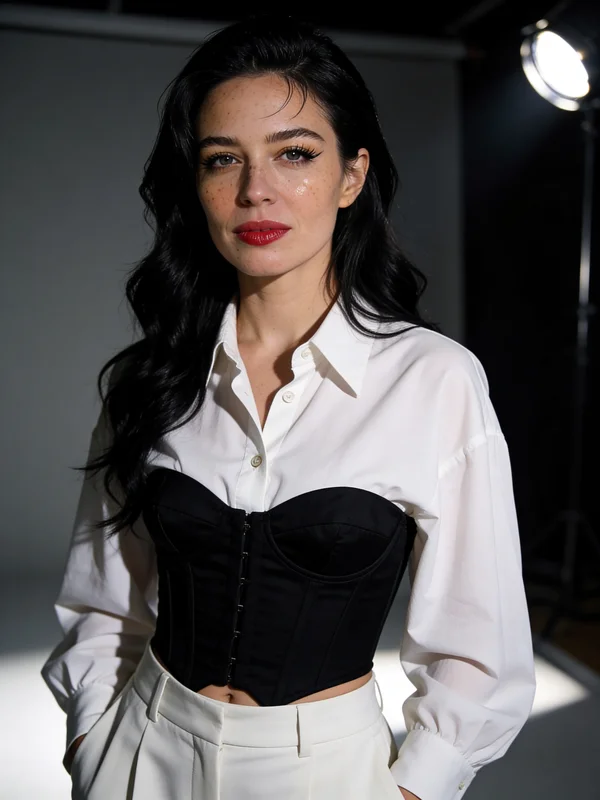Foto de antes e depois gerada por IA mostrando uma foto de roupa casual transformada em um retrato editorial de alta costura usando um editor de imagem de IA gratuito variação 2