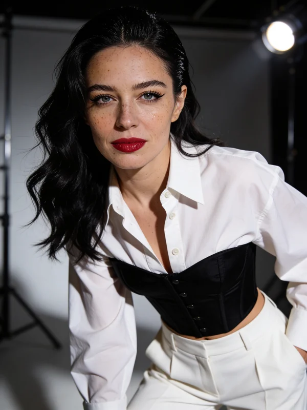 Antes e depois gerado por IA mostrando uma foto de roupa casual transformada em um retrato editorial de alta costura usando um editor de imagens de IA gratuito, variação 3