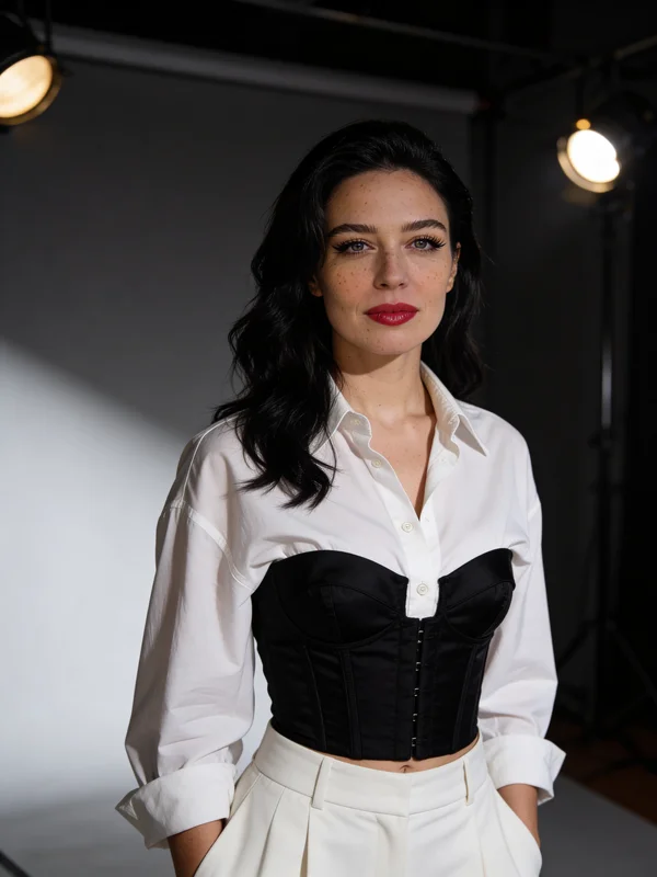 Foto de antes e depois gerada por IA mostrando uma foto de roupa casual transformada em um retrato editorial de alta moda usando um editor de imagem de IA gratuito variação 4