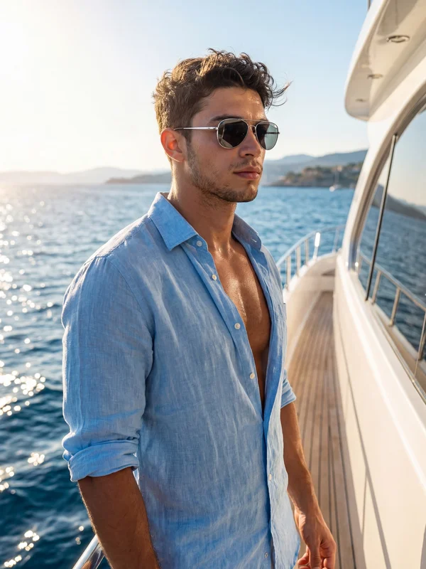 AI-generated cinematic portrait of a tanned man with wavy hair and stubble relaxing on a luxury boat deck with open ocean in the background variation 3