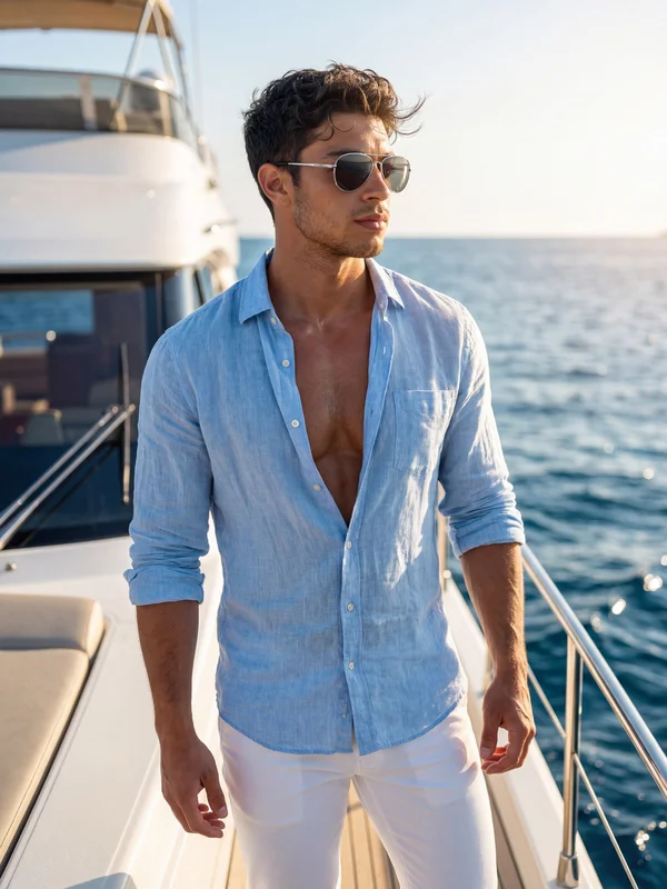 AI-generated cinematic portrait of a tanned man with wavy hair and stubble relaxing on a luxury boat deck with open ocean in the background variation 4