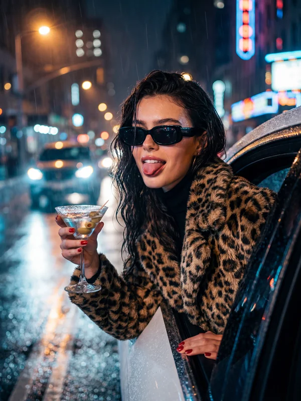 雨の夜の都会の通りで、濡れた舗道にネオンの光が反射する中、高級車から身を乗り出す魅力的な女性のAI生成シネマティックポートレート。無料のAI画像エディターで作成。バリエーション1