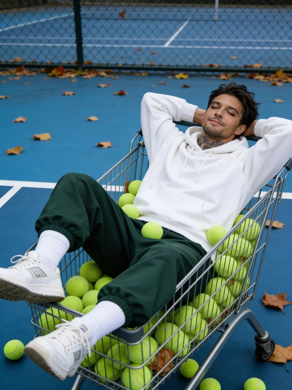 AI-generated cinematic portrait of a relaxed man sitting in a supermarket shopping cart in casual streetwear with warm fluorescent lighting and a chill confident expression
