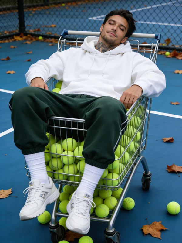 AI-generated cinematic portrait of a relaxed man sitting in a supermarket shopping cart in casual streetwear with warm fluorescent lighting and a chill confident expression variation 2
