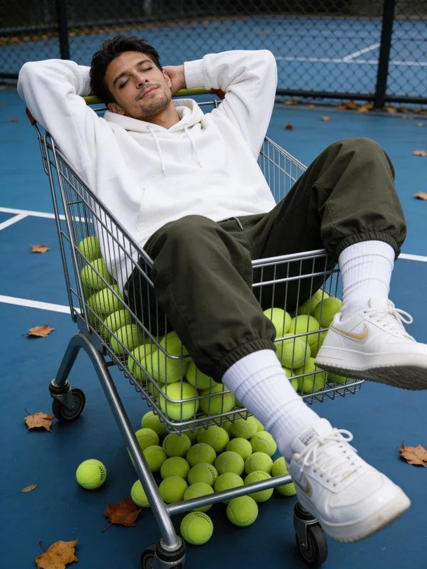 AI-generated cinematic portrait of a relaxed man sitting in a supermarket shopping cart in casual streetwear with warm fluorescent lighting and a chill confident expression variation 3