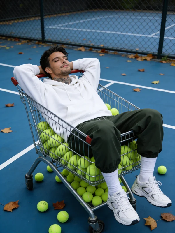 AI-generated cinematic portrait of a relaxed man sitting in a supermarket shopping cart in casual streetwear with warm fluorescent lighting and a chill confident expression variation 4