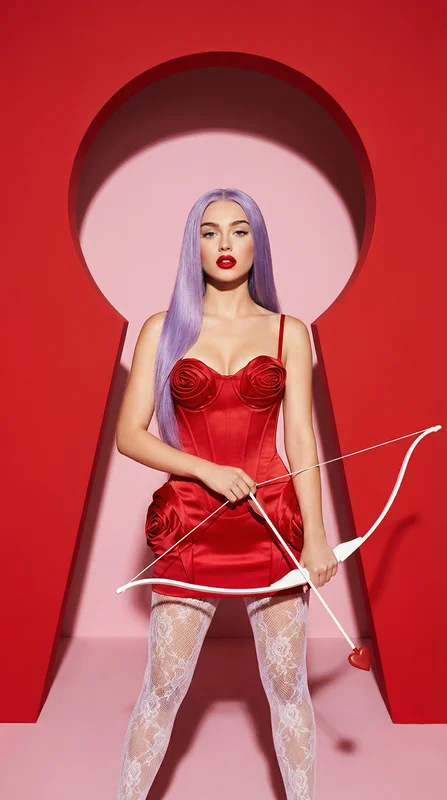 AI-generated Valentine's Cupid cosplay portrait, variation 3, highlighting red satin and an arrow prop
