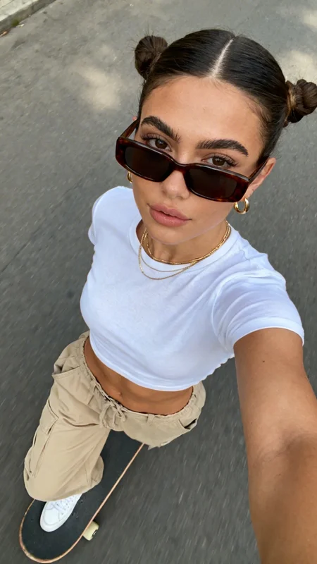 AI-generated selfie-style portrait of a girl holding a skateboard on an urban street with skate culture styling and confident street energy variation 3