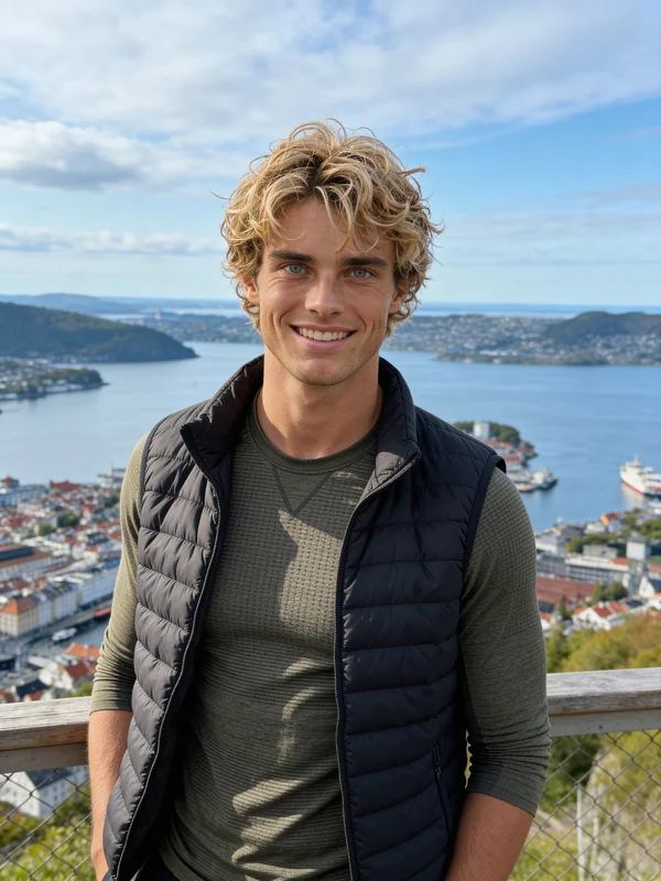 AI-generated male portrait of a happy traveler with an open, relaxed expression and a scenic destination landmark or landscape backdrop in natural daylight variation 3