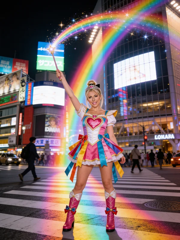 東京の夜、輝く渋谷スクランブル交差点を背景に、カラフルなコスチュームをまとった女性が、虹色の魔法の軌跡を残す光る魔法の杖を掲げるAI生成の魔法少女ポートレート、バリエーション3