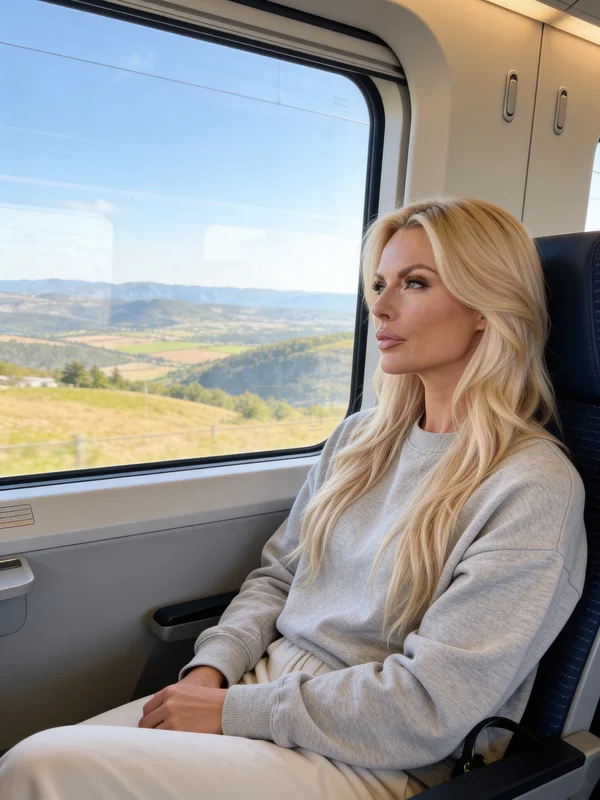 電車の窓際席に座る女性のAI生成旅行ポートレート。窓からは広大な田園風景が見え、柔らかな自然光が差し込む。バリエーション4。