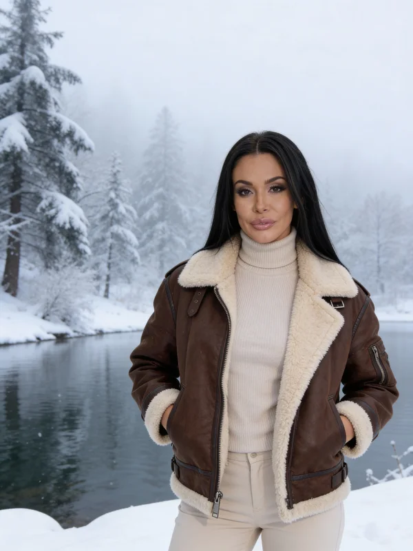 AI-generated winter outdoor portrait of a person standing in a snow-covered landscape with soft natural light and frosted trees in the background variation 1