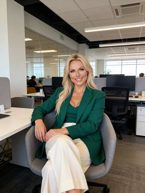 AI-generated professional headshot of a woman in business attire in a naturally lit office environment with soft window light, neutral architectural background in soft focus, and a composed, authoritative expression variation 1
