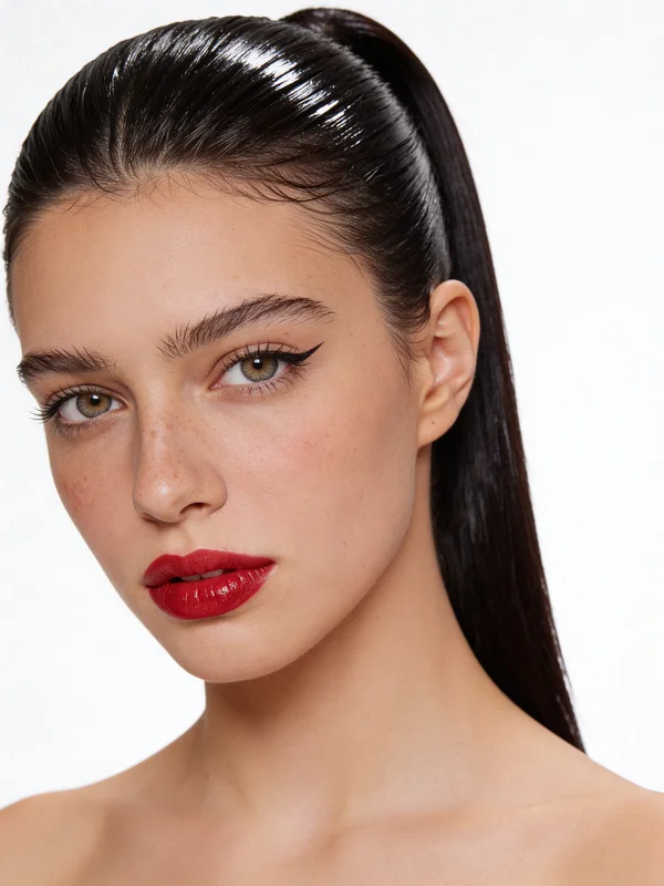 세미 클로즈업 AI 미인 초상화, 세련된 메이크업과 윤기 나는 짙은 포니테일